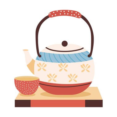 Geleneksel Japon çaydanlığının renkli düz vektör çizimi. Çay için küçük bir fincan ve çay tabağı.