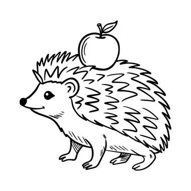 Sırtında bir elma olan şirin bir kirpinin çocuk boyama kitabı sayfası için siyah beyaz tasviri.