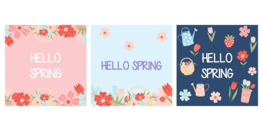 Çiçekli ve harfli üç bahar bayrağı seti Hello Spring. - Evet. Vektör illüstrasyonu