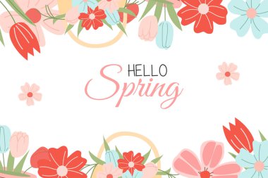 Parlak çiçek sınırı, el çizimi çiçekler Hello Spring harfleri..