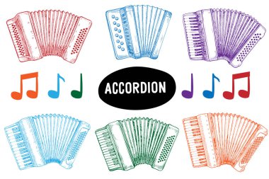 Müzik notalarıyla renkli akordeon çizimleri, oyuncu vektör koleksiyonu.