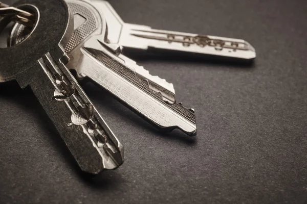 Keyring with keys in grey tone over a black background — Stock Photo, Image
