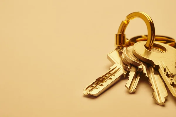 Keyring with keys in golden tone over an empty background — Stock Photo, Image