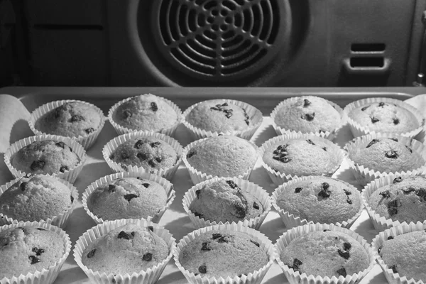 Cupcake con cioccolato dentro un forno con ventilatore — Foto Stock