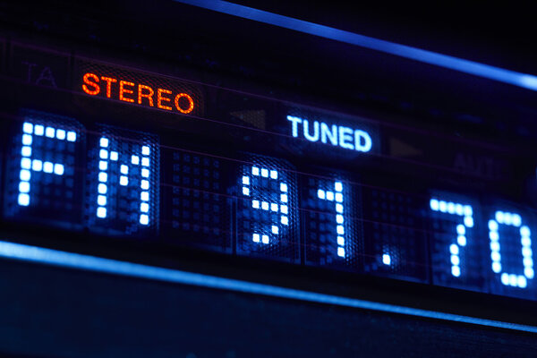 FM tuner radio display. Stereo digital frequency station tuned