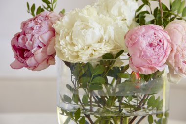 Bir vazoda solmuş çiçekler. Pembe ve beyaz renk