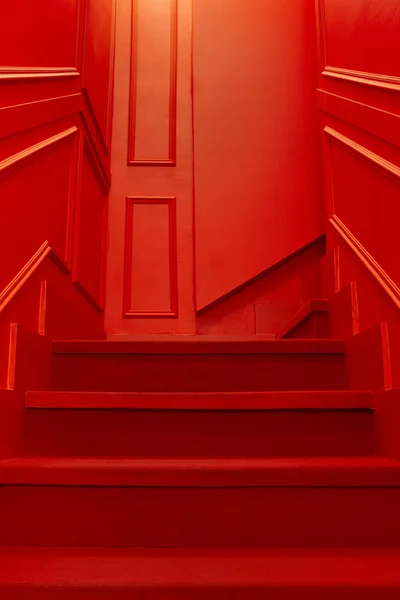 Red color home interior with stairs and wall. Decoration set — Stock Photo, Image