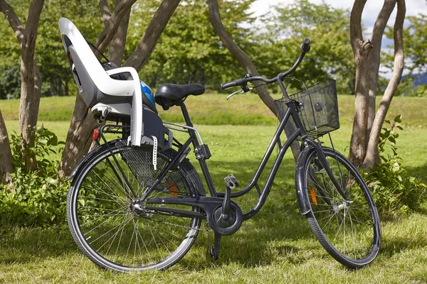 Bicicleta con silla de bebé en el campo. Día de verano —  Fotos de Stock