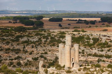 Jucar Nehri Kanyonu ile sonbahar ormanı manzarası. Alarcon, Cuenca. İspanya