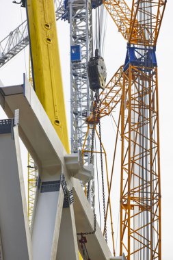 Şehirde teleskopik vinçler var. İnşaat mühendisliği endüstrisi