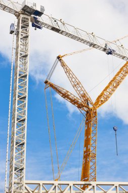 Mavi gökyüzünün altında teleskopik vinçler. İnşaat mühendisliği endüstrisi