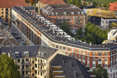 Kopenhag geleneksel binaları şehir merkezi manzarası. Danimarka 'da Seyahat