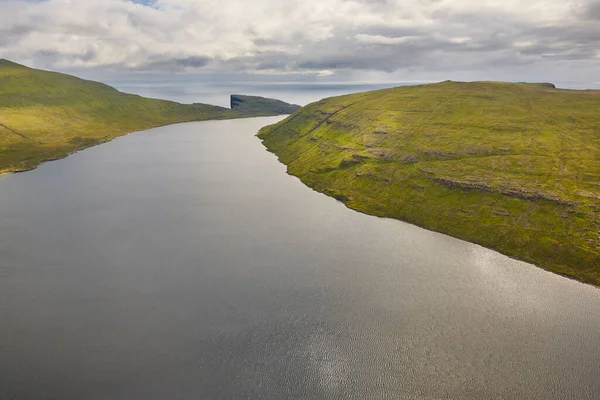 Faroe Islands Dramatic Coastline Vagar Helicopter Leitisvatn Lake — Stock Photo, Image