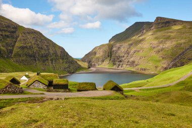 Faroe adalarında ahşap evleri olan yeşil manzaralı. Saksun.