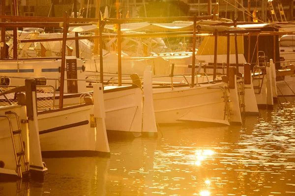 Traditionele Balearische Boten Soller Haven Bij Zonsondergang Llauts Mallorca Spanje — Stockfoto