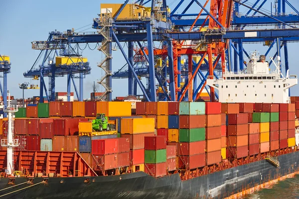 Containers on a vessel. Global market. Cargo shipping. International economy