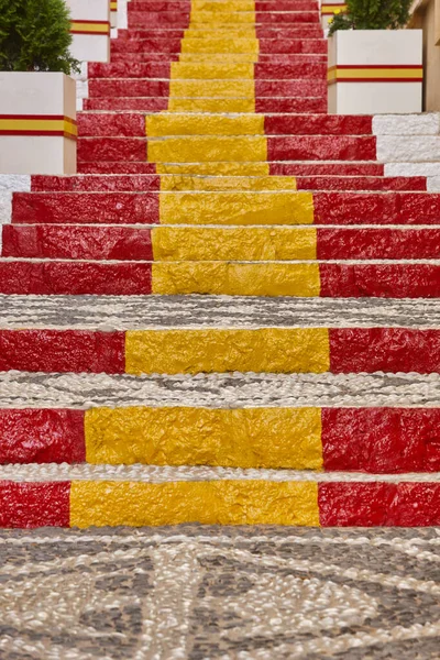 Picturesque Decorated Stone Street Spanish Flag Calpe Spain — Stock Photo, Image