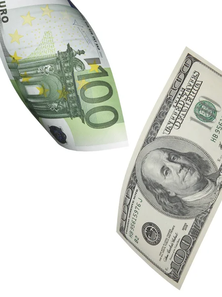 欧元和美元钞票拼贴上白色孤立 — 图库照片