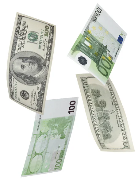 Cento euro e collage banconota dollaro isolato su bianco — Foto Stock