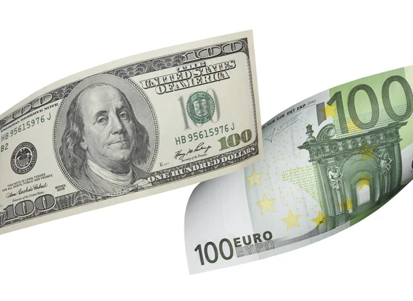 Honderd euro en dollar bill collage geïsoleerd op wit — Stockfoto