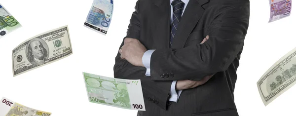 Financial executive with euro and dollar bills — Stock Photo, Image