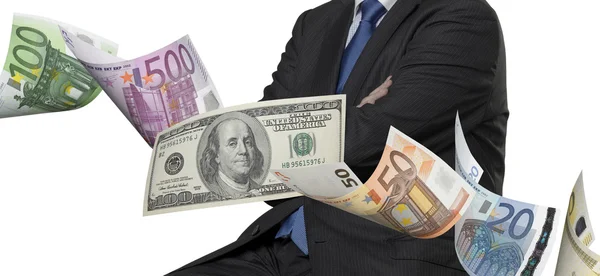 Financial executive with euro and dollar bills — Stock Photo, Image