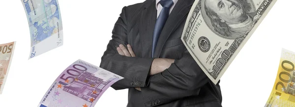 Financial executive with euro and dollar bills — Stock Photo, Image