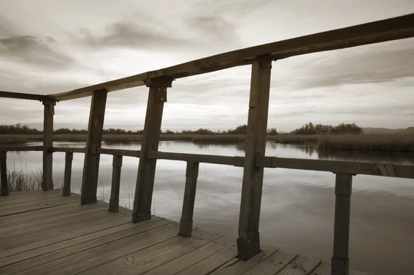 Wetland ponto de vista de madeira em tom sépia . — Fotografia de Stock