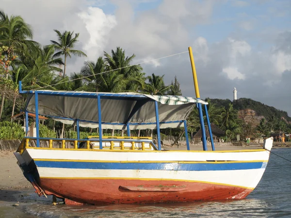 Mångfärgat trä fartyget på stranden. Brasilien — Stockfoto