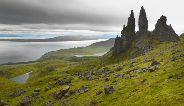 Scottish basaltic landscape in Skye isle. Old man of Storr