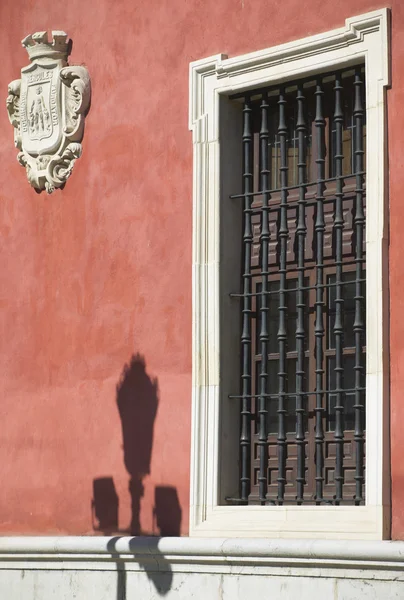 旧的窗口和古董盾在一个红色的门面。塞维利亚，西班牙 — 图库照片