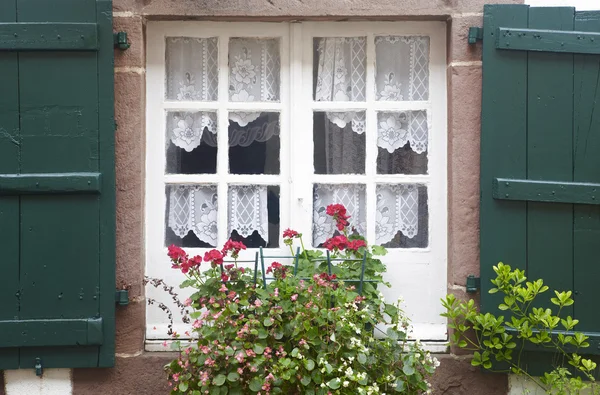 Altes Holzfenster mit Blumen in grünen und weißen Tönen — Stockfoto