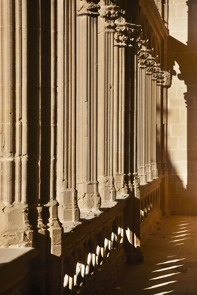 Romanesque columns with shadows at sunset in Navarra, Spain