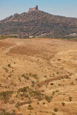Puebla de Alcocer 'daki ortaçağ kalesi. Badajoz, Extremadura. İspanya
