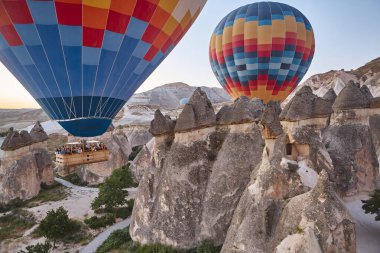 Balloons in rose valley, Cappadocia. Spectacular flight in Goreme. Turkey