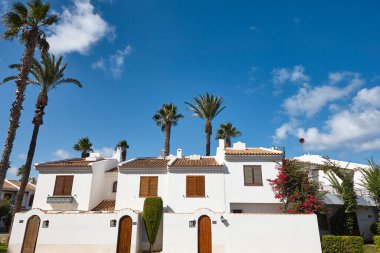 İspanya kıyı şeridinde beyazlatılmış cepheleri olan Akdeniz köyü. Murcia, İspanya