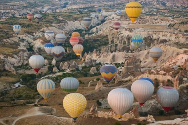 Balloons in rose valley, Cappadocia. Spectacular flight in Goreme. Turkey