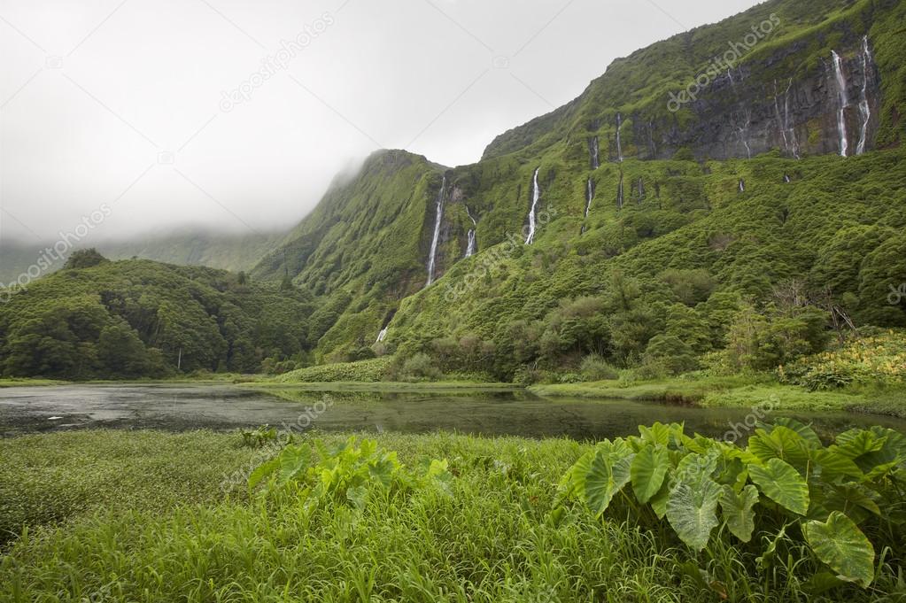 Azores landscape in Flores island. Waterfalls in Pozo da Alagoin