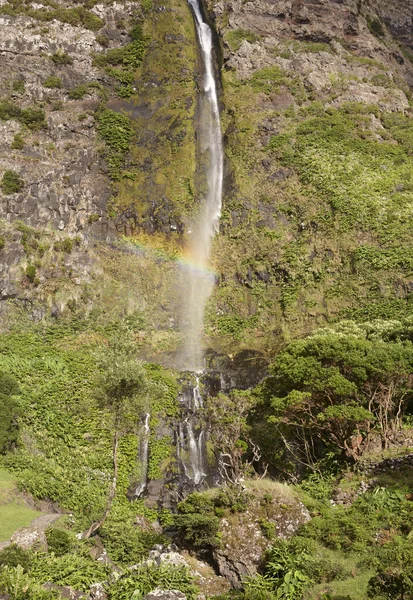 Waterfall and rainbow in Flores island, Azores. Poco do Bacalhau — Stock Photo, Image