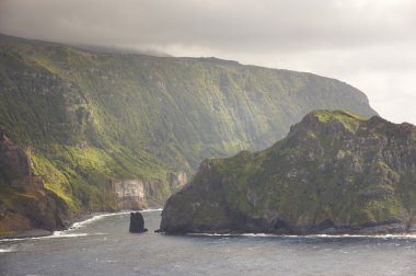 Flores Island kayalıklardan ile Azores kıyı şeridi manzara. Portuga