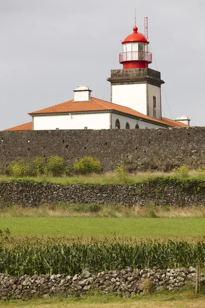 Lighthouse and cornfield in Lajes de Flores, Azores. Portugal — Stock Photo, Image