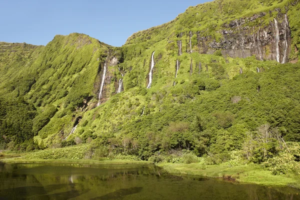 Azores landscape in Flores island. Waterfalls in Pozo da Alagoin — Stock Photo, Image