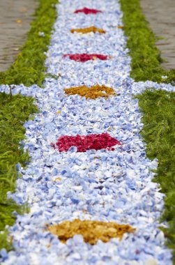 Traditional floral offering detail on a street. Sao Miguel islan