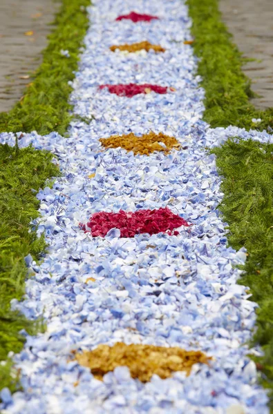 Detalhe de oferta floral tradicional em uma rua. Islandês de São Miguel — Fotografia de Stock