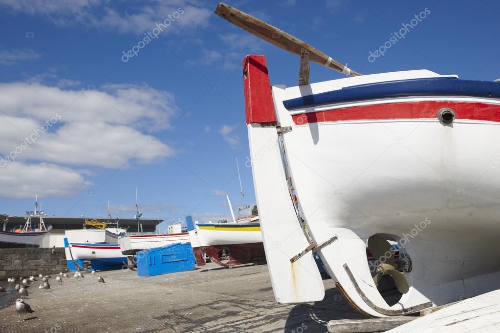 Colorful boats on a port. Sao Miguel island. Azores. Portugal