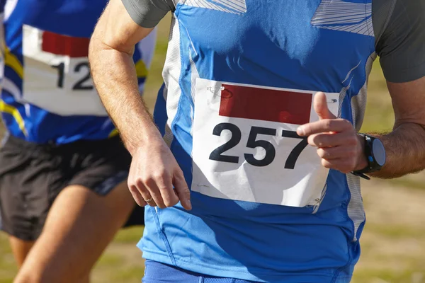 Senior athletics runners on a race. Outdoor circuit. — Stock Photo, Image