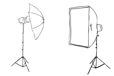 Vektör Ana Hattı Kılavuz El Çizimi Kılavuz Dikdörtgen Softbox ve Fotoğraf Şemsiyesi, beyaz üzerine izole 
