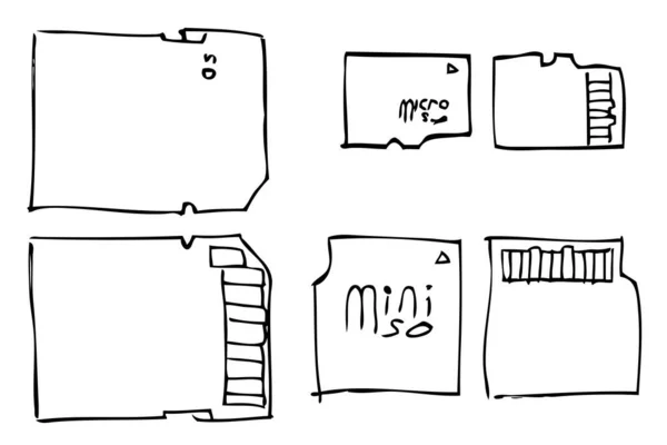 矢量轮廓手绘存储卡 从背面和存储卡查看 与白色隔离 — 图库矢量图片
