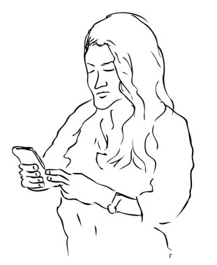 Göz Seviyesi Basit Taslak El Çizim Vektörü, kadın okuyor, yazıyor ya da akıllı telefonuna dokunuyor