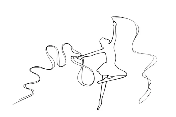 Outline Balletto Sketh Disegnato Mano Vettoriale Con Nastro Ondulante — Vettoriale Stock
